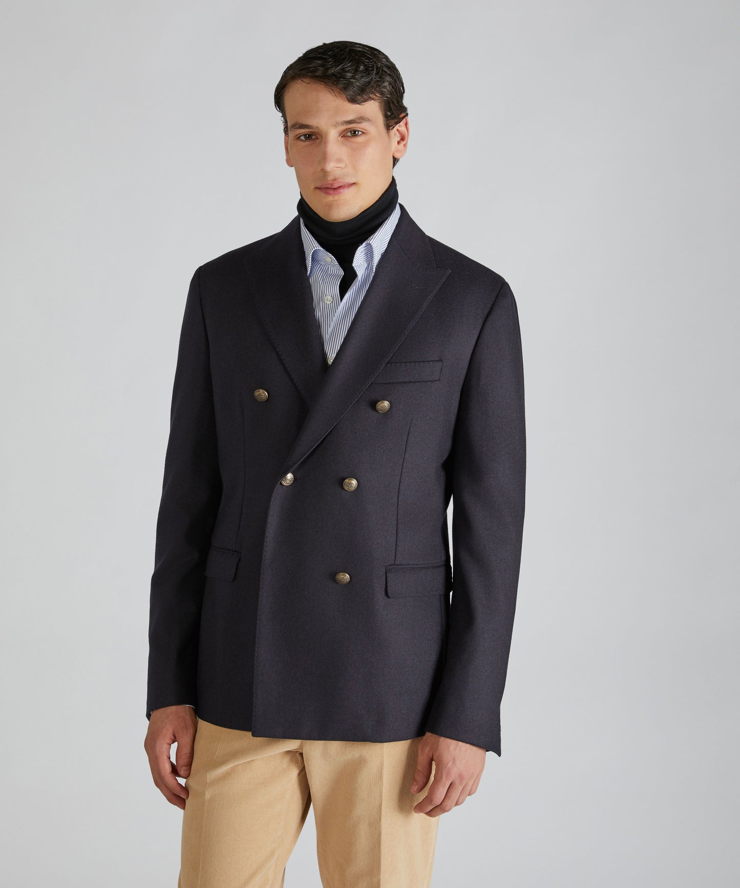 Slim fit double-breasted jacket in wool and cashmere flannel